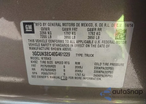 2014 Chevrolet Silverado 1500 1Lz из США, поврежденный, VIN 3GCUKSEC4EG461229